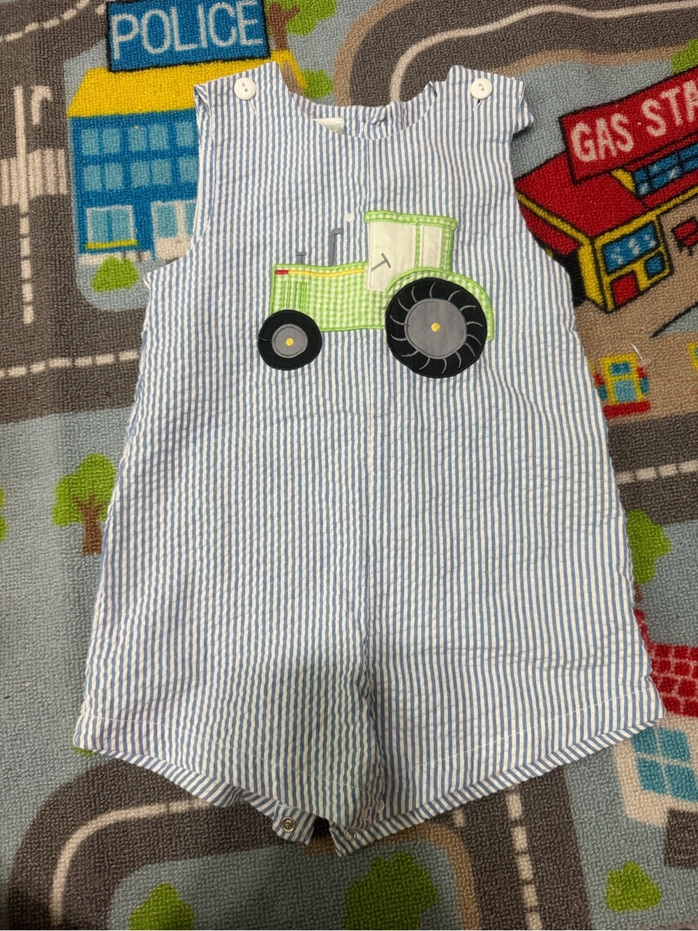 Striped Seersucker Tractor One-Piece Bodysuit - Blue & Green